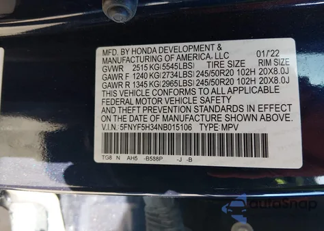 2022 Honda Pilot 2Wd Sport from USA, damaged, VIN 5FNYF5H34NB015106